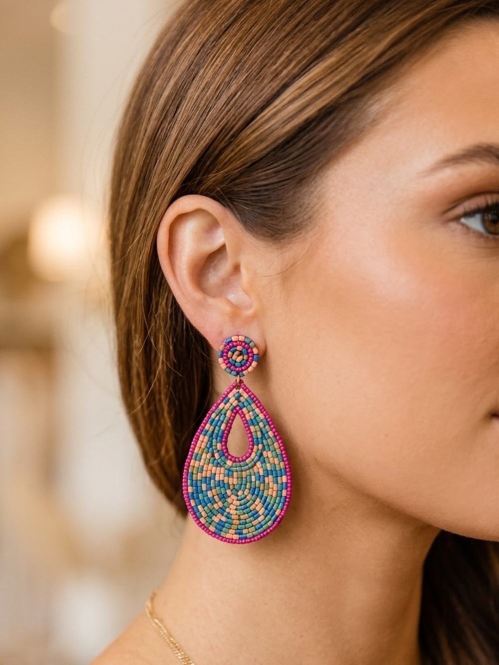 KAY LEE NEW YORK Boho Multi Colored Trendy Beaded Artsy Teardrop Earrings